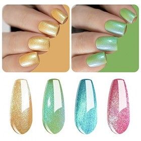 Vishine Lot de Vernis à Ongles Gel, 4 Couleurs Hologram Holographique Doré Vert Bleu Rose Pailleté Vernis Gel Semi-permanent 