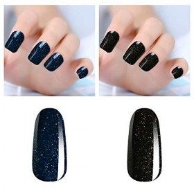 Vishine Lot de 2 Couleurs Bleu marine paillettes & Noir paillettes Vernis Gel Semi Permanent Soak Off UV LED vernis à ongles 