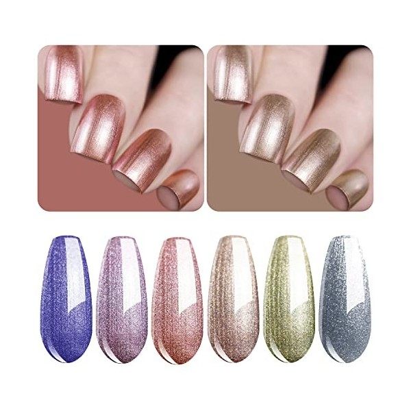 Vishine Lot de 6 Vernis à Ongles Brillant à Miroir Métallique Gel Nail Polish Longue Durée Magnifique Effet Perle Nail Art Co