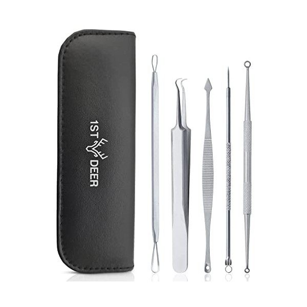 1st Deer Extracteur Point Noir de Acné, 5 Pcs Kit Extracteur Professional Pince Point Noir pour Retire Comédons, les Boutons ...
