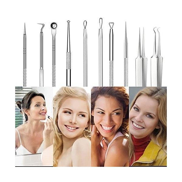 10Pcs Extracteur Point Noirs Professional Trousse à Outils, Blackhead Remover Outil avec Boîte Extracteur de Point Noir pour ...