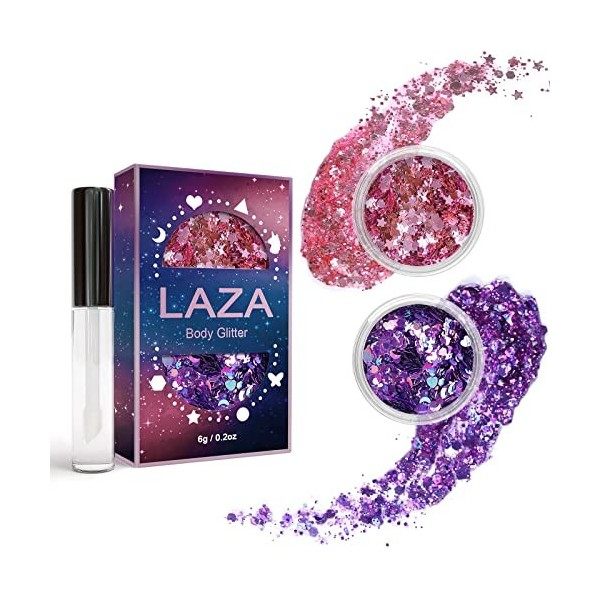 Laza Body Glitter, 2 Jars Holographic Chunky Sequins with Glitter Glue for Women Girls Eyeshadow Makeup Face Paint Festival R