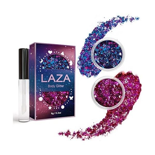 Laza Body Glitter, 2 Jars Holographic Chunky Sequins with Glitter Glue for Women Girls Eyeshadow Makeup Face Paint Festival R