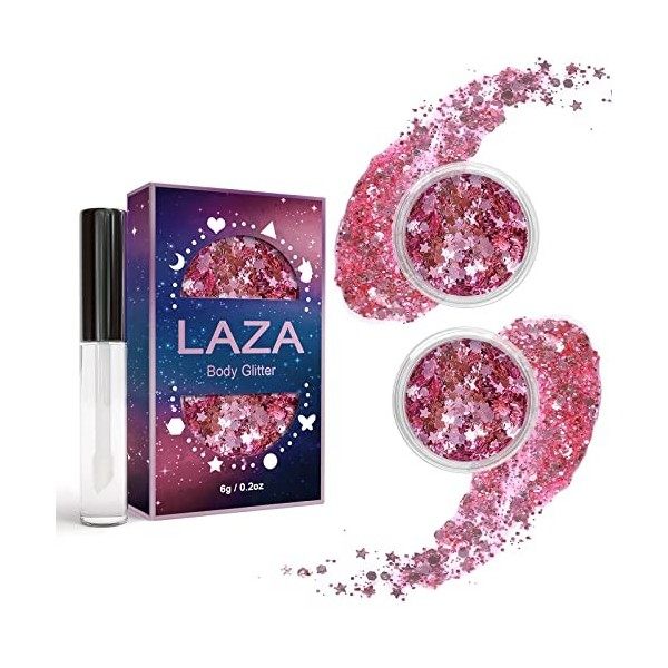 Laza Body Glitter, 2 Jars Holographic Chunky Sequins with Glitter Glue for Women Girls Eyeshadow Makeup Face Paint Festival R