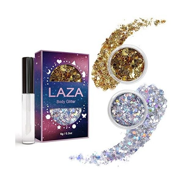 Laza Body Glitter, 2 Jars Holographic Chunky Sequins with Glitter Glue for Women Girls Eyeshadow Makeup Face Paint Festival R