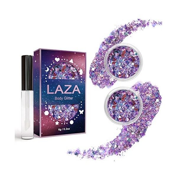 Laza Body Glitter, 2 Jars Holographic Chunky Sequins with Glitter Glue for Women Girls Eyeshadow Makeup Face Paint Festival R