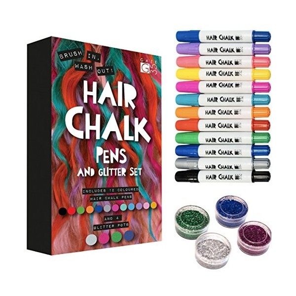 Hair Chalk Pens and Glitter - 12 Chalks and 4 Glitters -Deluxe Set of Colour Crayons - Girls Birthday Rainbow Gift Present
