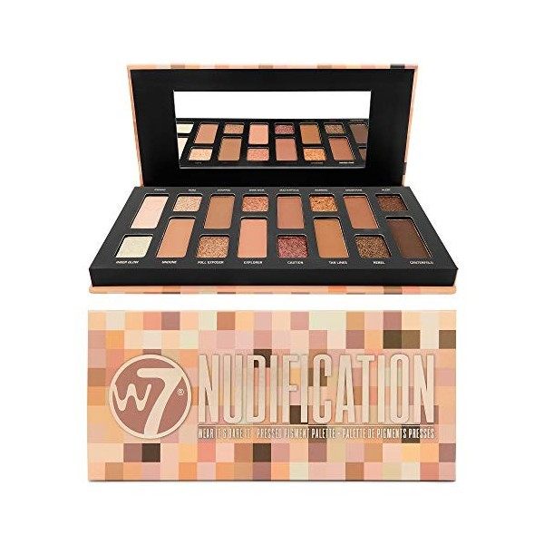 W7 | Nudification Palette Pigment Pressé | Tonalités: Mattes Crémeux, Shimmers & Glitters et Toppers| Coleurs: Tons Naturels,