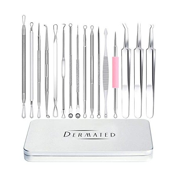 Dermated [Lot de 16] Outils tire-comédons | Kit doutils professionnels en acier inoxydable pour tire-comédons, imperfections