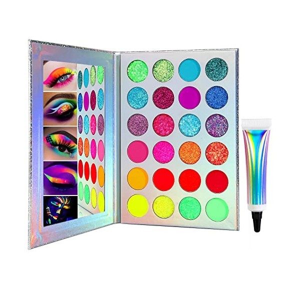 Palette Maquillage Yeux Fard à Paupière Fluo Coloré +Apprêt Pour Les Ombres à Paupières, Afflano Uv Balcklight Eyeshadow Pale