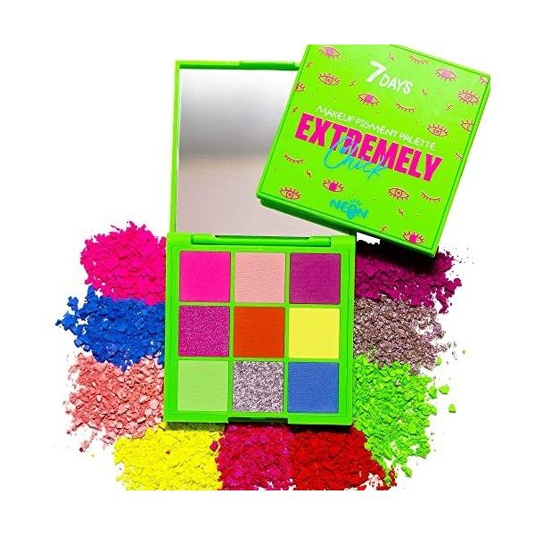 7DAYS Palette Maquillage Yeux Néon, 9 Couleurs | Fard à Paupières UV Glow Ultra Pigmenté Mat Scintillante Paillettes | Kit de