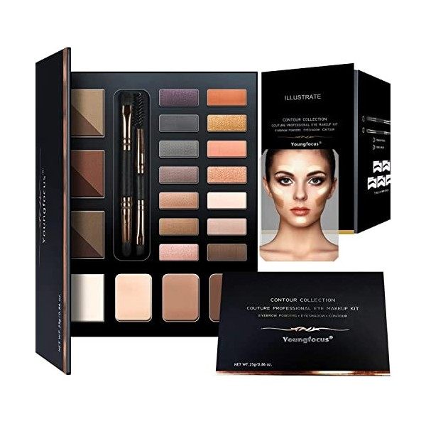 Youngfocus Eye Makeup Brow Contour Kit, 6 Eyebrow Powders Palette Set, 5 Eyebrow Stencils, 14 Highly Pigmented Eyeshadows, 3 