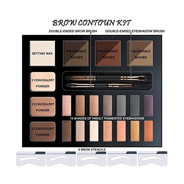 Youngfocus Eye Makeup Brow Contour Kit, 6 Eyebrow Powders Palette Set, 5 Eyebrow Stencils, 14 Highly Pigmented Eyeshadows, 3 