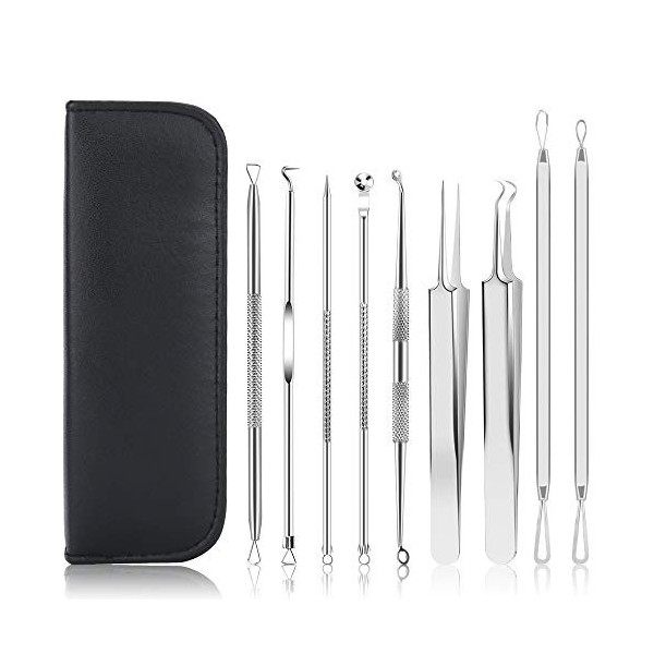 Lot de 9 outils professionnels pour enlever les points noirs et les boutons - En acier inoxydable - Pour enlever les points n