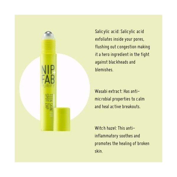 Nip + Fab Teen Skin Fix Spot Zap | Gel Visage à lAcide Salicylique | Hamamélis | Extrait de Wasabi | Elimination des Impuret ...