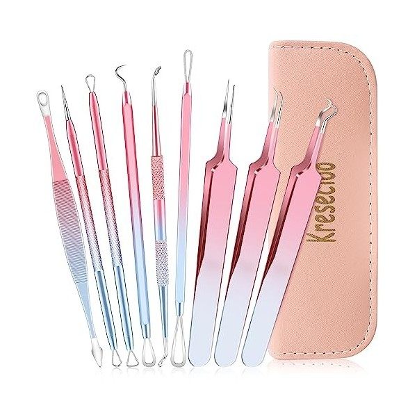 Kresecioo Kit de 9 outils dextraction de points noirs, kit doutils dextraction dacné professionnel pour le nez, le visage Crè...
