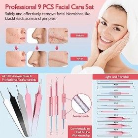 Kresecioo Kit de 9 outils dextraction de points noirs, kit doutils dextraction dacné professionnel pour le nez, le visage Crè...