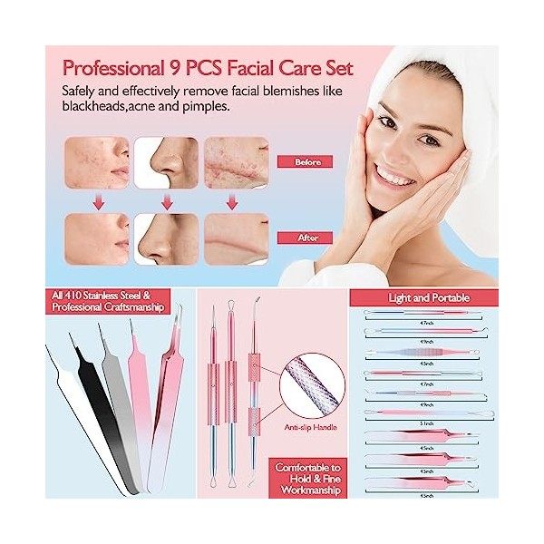 Kresecioo Kit de 9 outils dextraction de points noirs, kit doutils dextraction dacné professionnel pour le nez, le visage Crè...