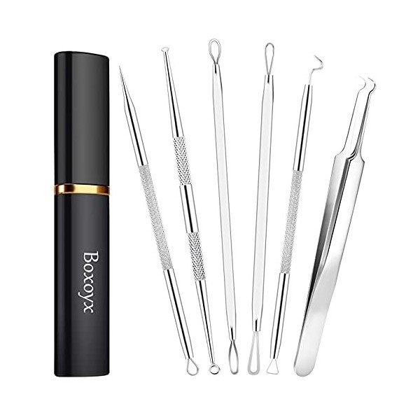 Boxoyx Kit doutils pour tire-comédons – 6 pièces avec étui en métal pour enlever rapidement et facilement les boutons, les p ...