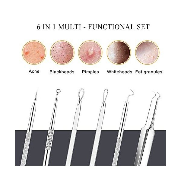 Boxoyx Kit doutils pour tire-comédons – 6 pièces avec étui en métal pour enlever rapidement et facilement les boutons, les p ...