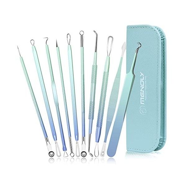 Mooly Kit de 10 outils pour enlever les points noirs, les boutons, lacné, les points blancs, les comédons et les comédons av ...