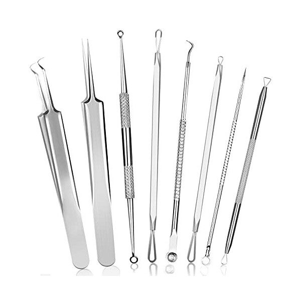 Fluco Kit de 8 extracteurs de comédons pour le nez, les imperfections et les points blancs, en acier inoxydable argenté Crème...