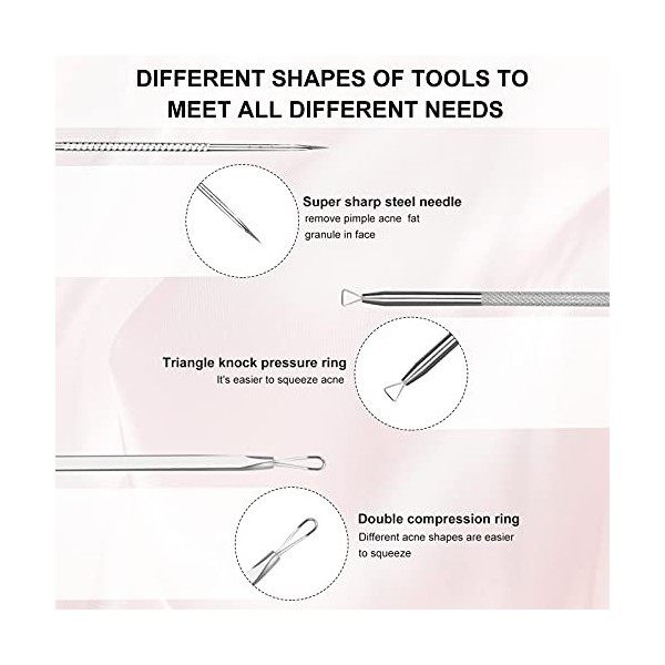 Fluco Kit de 8 extracteurs de comédons pour le nez, les imperfections et les points blancs, en acier inoxydable argenté Crème...