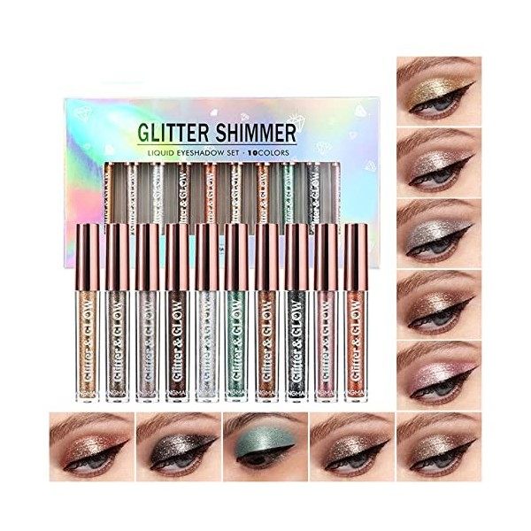 JasCherry 10 Couleurs Brillant Diamant Liquide Fard à Paupières Pailleté - Ombre à Paupière Glitter Shimmer Maquillage Eyesha