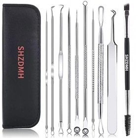 SHZDMH Lot de 9 extracteurs de comédons avec pince incurvée et brosse à sourcils à double tête Crème Jour et Nuit
