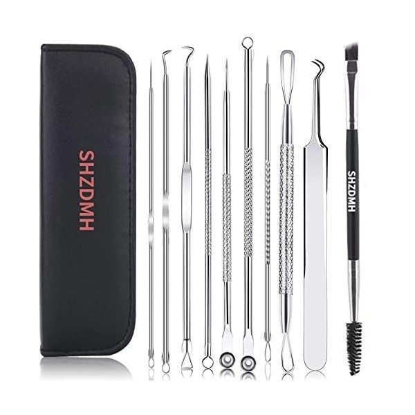 SHZDMH Lot de 9 extracteurs de comédons avec pince incurvée et brosse à sourcils à double tête