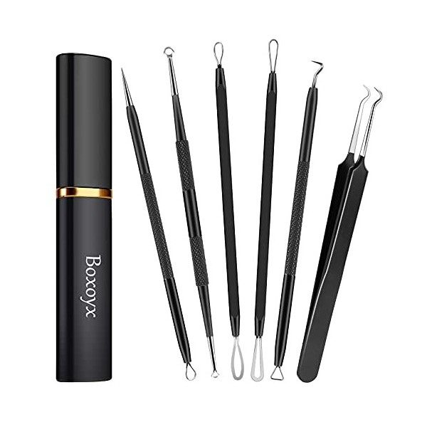 Boxoyx Kit de 6 extracteurs de comédons avec étui en métal pour retirer rapidement et facilement les boutons, points noirs, p