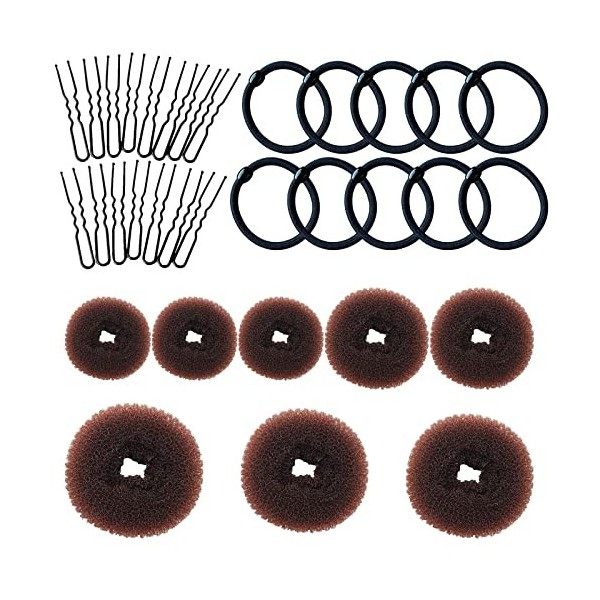 VEGCOO 8 Pièces Cheveux Donuts Chignons Épingle à Cheveux 10Pcs Bande de Caoutchouc Noire 15Pcs Épingle à Cheveux en Forme de