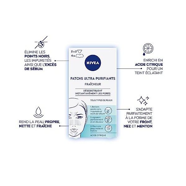 NIVEA Patchs Ultra Purifiants Fraîcheur 1 x 6 patchs , Patchs enrichis en Acide Citrique anti points noirs & impuretés, Patc ...