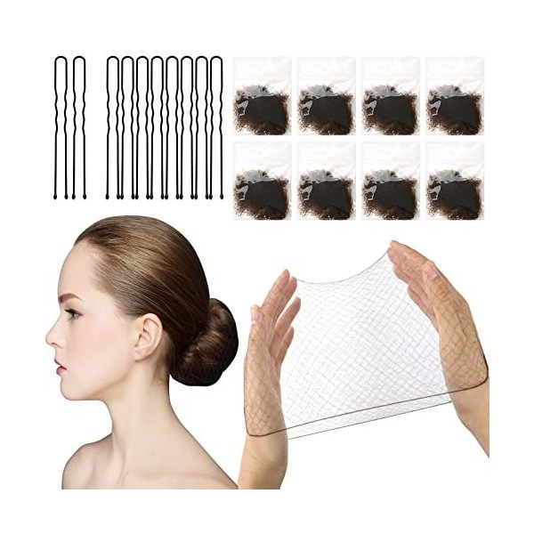 Sularpek Filet Chignon ,24 Pièces Filets À Cheveux, Filet Chignon Invisible, et 10 Pcs U Forme Pince, Filets à Cheveux Élasti