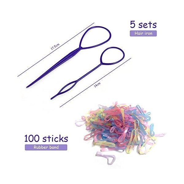 Lot de 10 tresses de coiffure avec 100 petites bandes élastiques de couleurs mélangées, queue de cheval française, accessoire