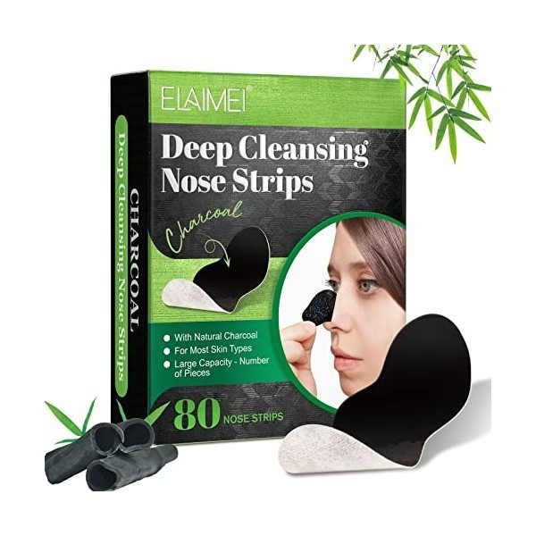 Lot de 80 patch nez point noir- Bandes de charbon de bois naturel pour tous les types de peau,bandes nasales noires pour homm...