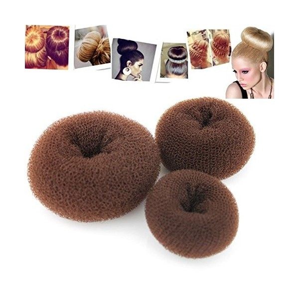 Ensemble de 3 couronnes pour le chignon « Donut » brun - 1 petite 6cm de diamètre + 1 moyen 8cm + 1 grande 10cm + 10 él