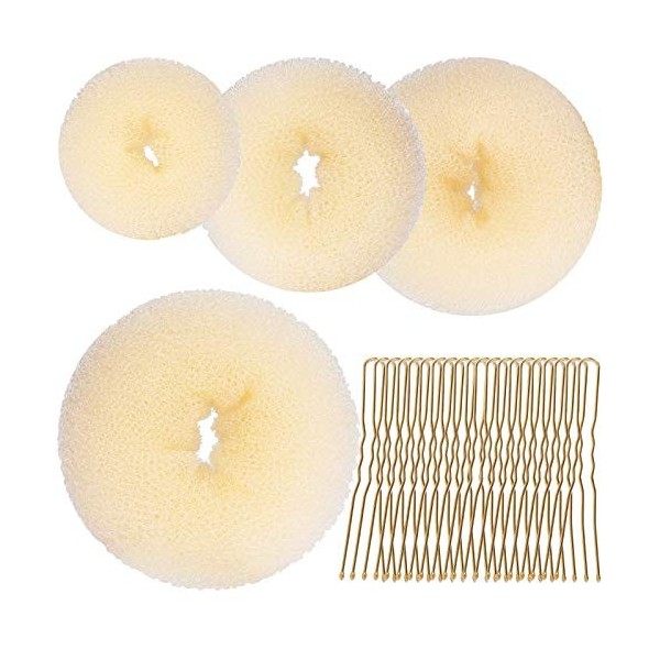 4 Taille Beige Donut Bun Maker + 20 Doré épingles pour Blond, Chignon Bun Maker Cheveux Bague style pour Dancer Ballet Filles