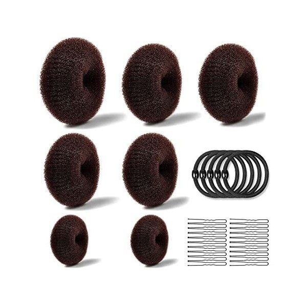 7 PCS Cheveux Donuts Chignons Épingle à Cheveux 4taille ,avec 10 Pcs Cheveux Elastiques et 20 Pcs U-clip, Donut Coiffure pour