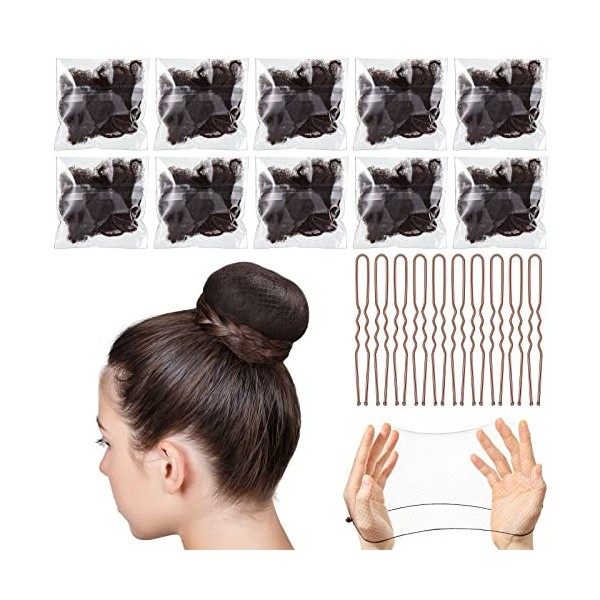 Set de 20 Pièces Filets à Cheveux Invisibles et Épingles à Cheveux Forme de U 10 Filets à Chignon de Ballet Maille de Bord Él