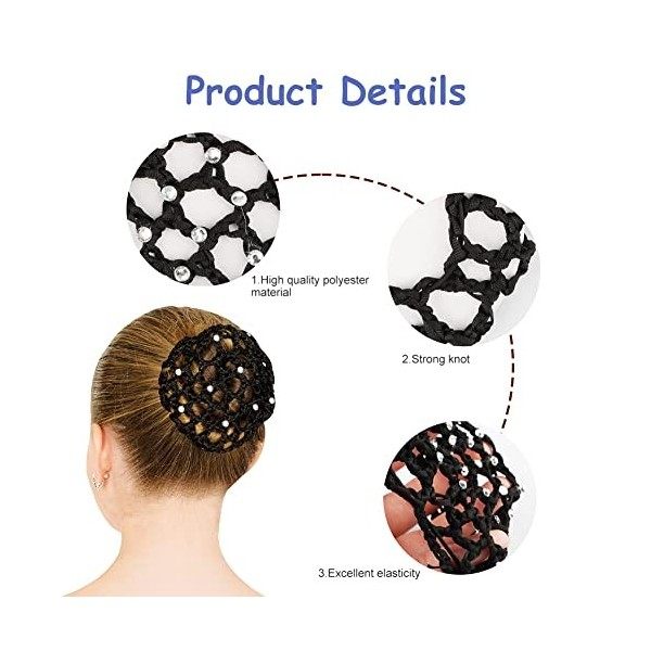 Filet à Chignon Strass,Filet à Chignon,3 Pièces Cheveux Snood Net,Filet à Chignon Noir,Filet Chignon Cheveux,Filet Cheveux Ch