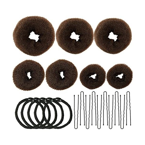 Machine à pain donut, machine à chignon 7 pièces marron, ensemble en forme danneau, avec 10 pinces en forme de U, 5 cordes à