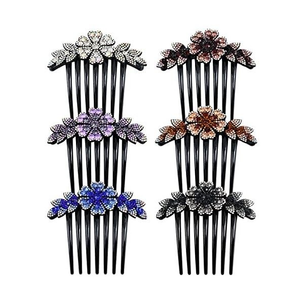 inSowni Lot de 6 peignes à cheveux en plastique à paillettes scintillantes avec fleurs et strass - Barrettes à dents longues 