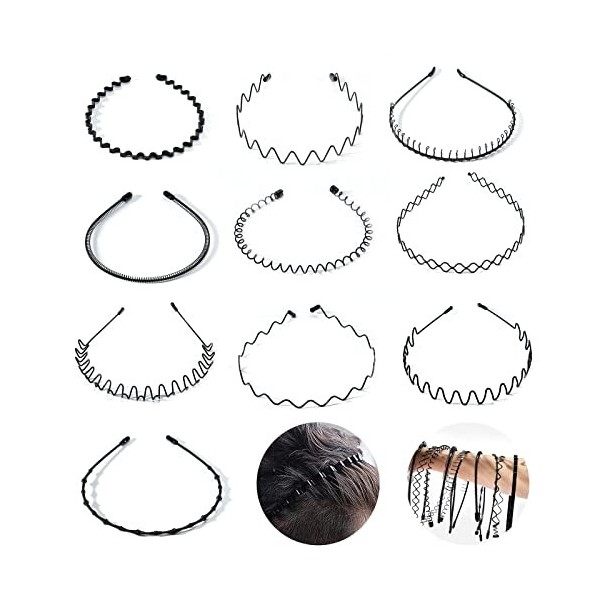 6 Pièces Bandeaux en Métal, Multi-Style Bandeaux Ondulés Élastique, Antidérapant Sport Cheveux Hoop Band, Bandeau Metal Homme