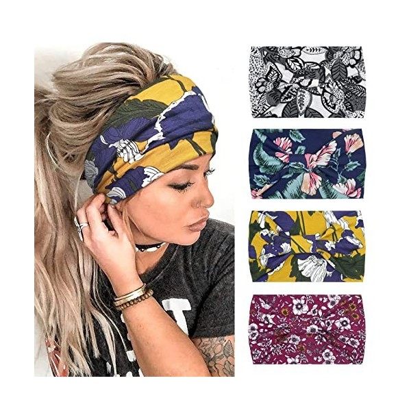 Kavya 4 Pièces Bandeau Cheveux Femme Large élastique Doux Boho Bandeau Cheveux Imprimé Léopard Yoga Sport Headband Multicolor