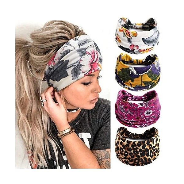 Kavya 4 Pièces Bandeau Cheveux Femme Large élastique Doux Boho Bandeau Cheveux Imprimé Léopard Yoga Sport Headband Multicolor