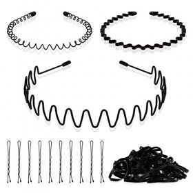 SOSPIRO 3 Pcs Bandeau en Métal pour Homme et Femme, Ondulé Cerceau de Cheveux de Printemps Bandeau Noir Antidérapant Sport Un