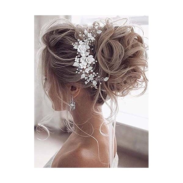 Vakkery Vigne de cheveux mariage à motif floral avec perles Serre-tête pour mariée pour femme et fille argenté 