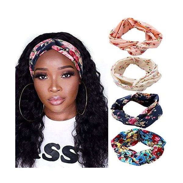 DRESHOW 4 Pièces Bandeau Cheveux Femme Boho Bandeaux Vintage Fleur Imprimé Hair Bandeau Cross Noué Élastique Bande de Cheveux