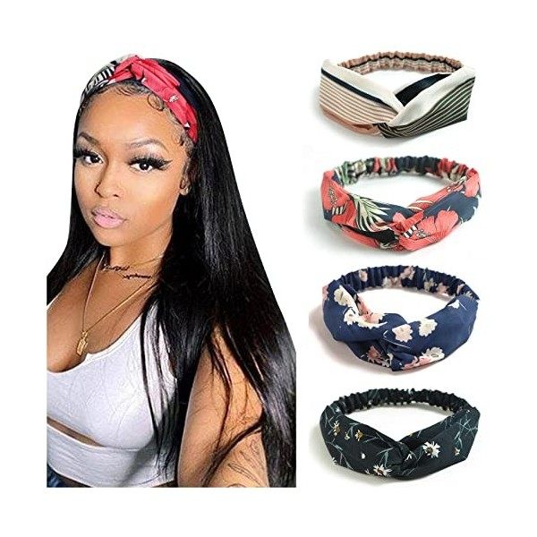 DRESHOW 4 Pièces Bandeau Cheveux Femme Boho Bandeaux Vintage Fleur Imprimé Hair Bandeau Cross Noué Élastique Bande de Cheveux